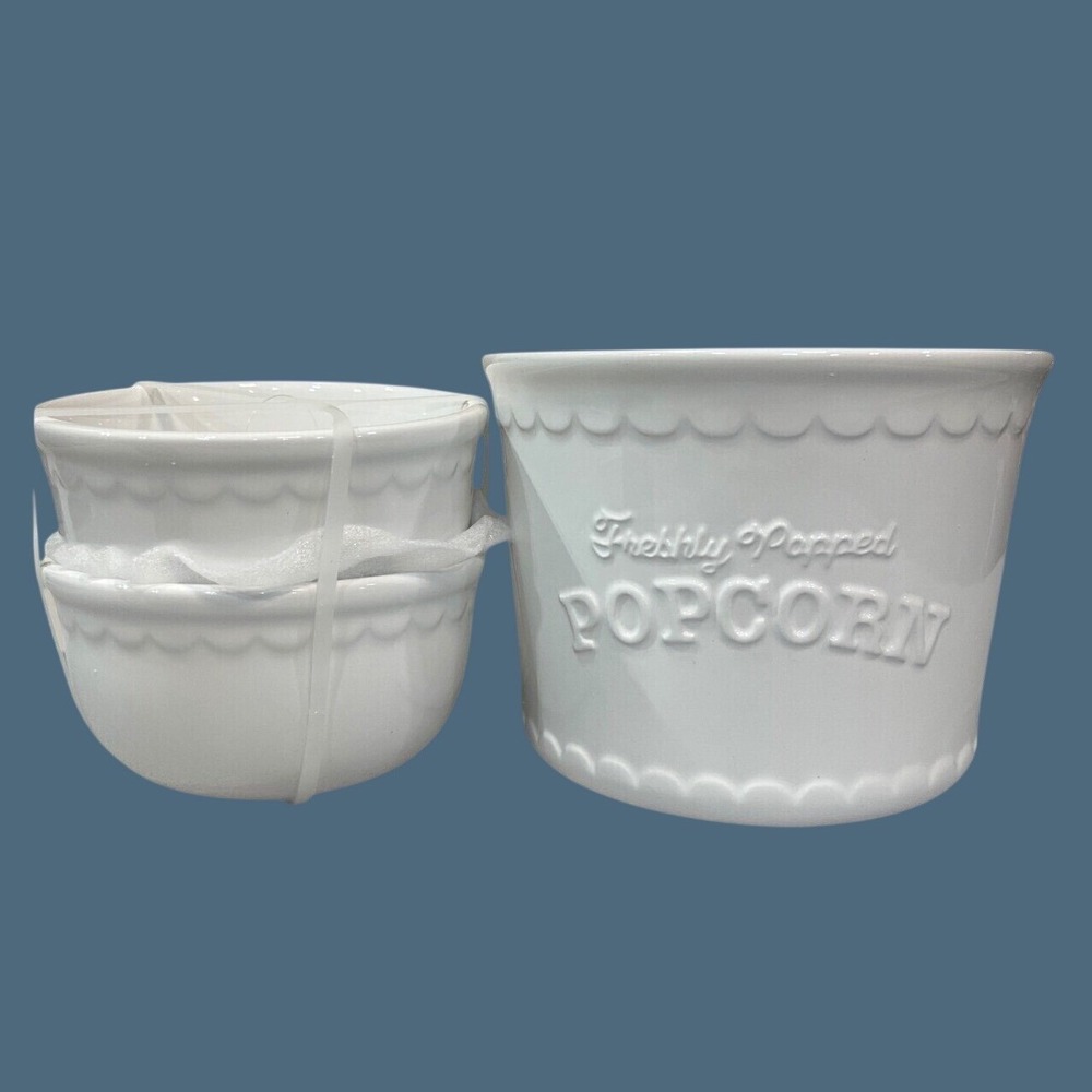 Core Kitchen White Ceramic Popcorn Serving Set 3 Piece Embossed Scalloped Bowls